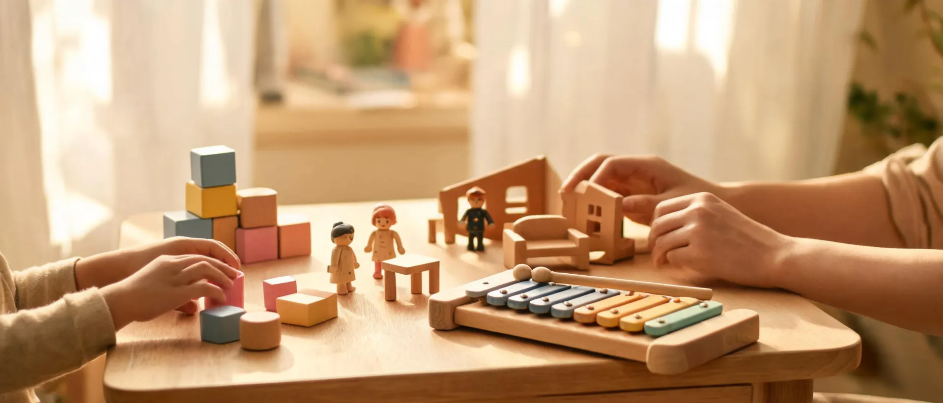 Hape wooden toys on a family play table