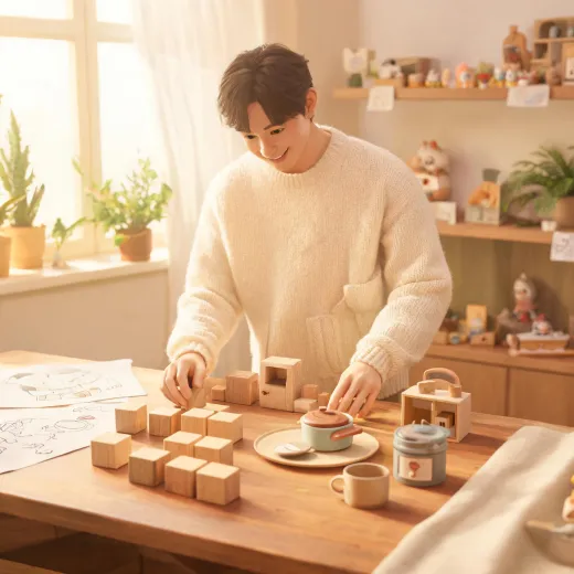 Toy designer arranging wooden blocks