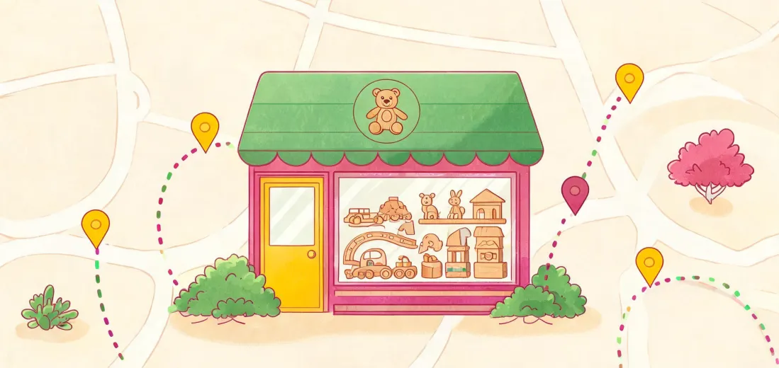Illustrated Hape contact map and playroom storefront