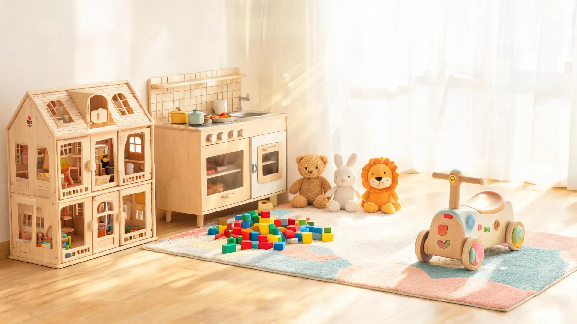 Children sharing Hape toys in a cheerful playroom