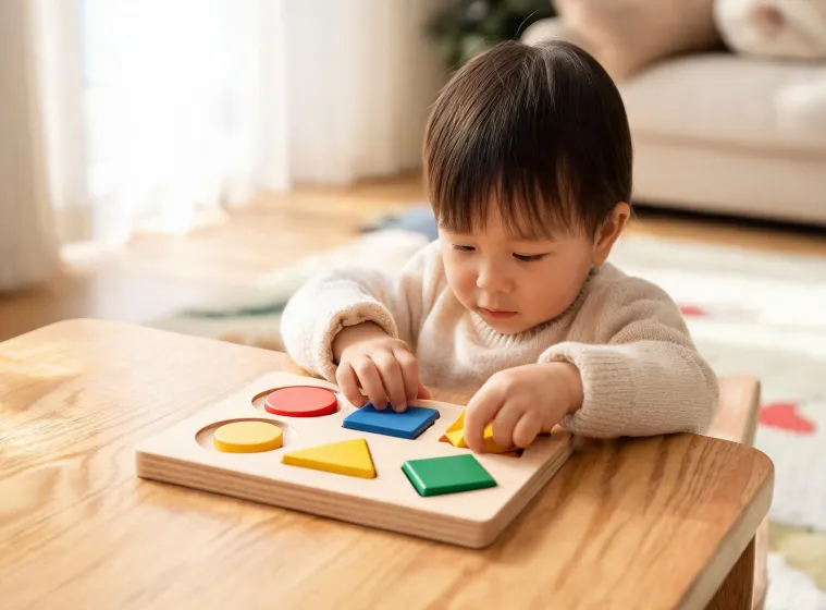 Child arranging wooden puzzle shapes
