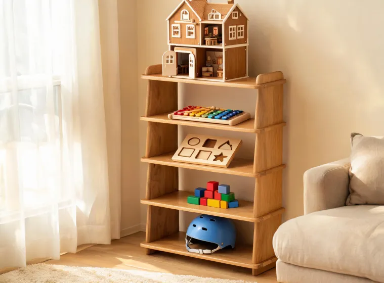 Toy shelf with organized Hape play categories